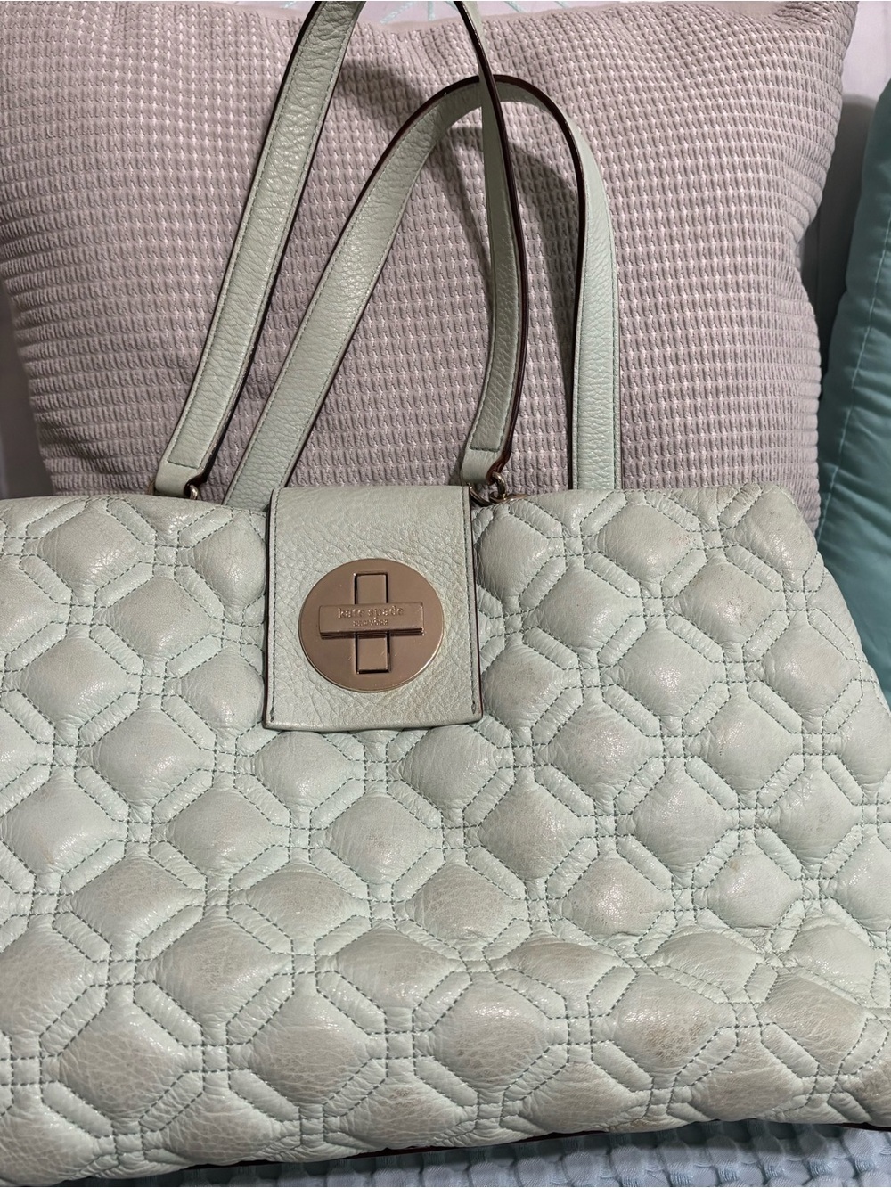 Kate Spade Quilted Mint Green Leather Tote with Turn-Lock